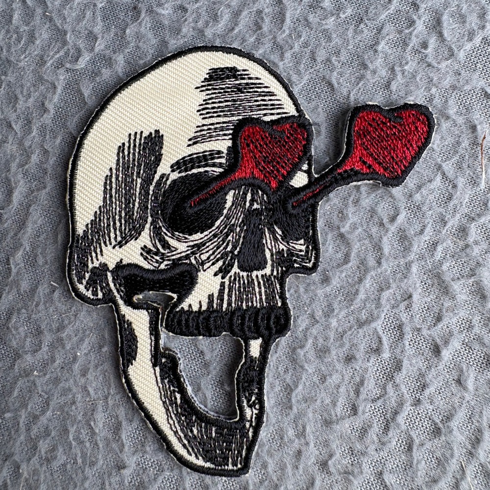 Skull with Heart Eyes Embroidered Patch Gothic Love Sew On Iron On 3 Inch